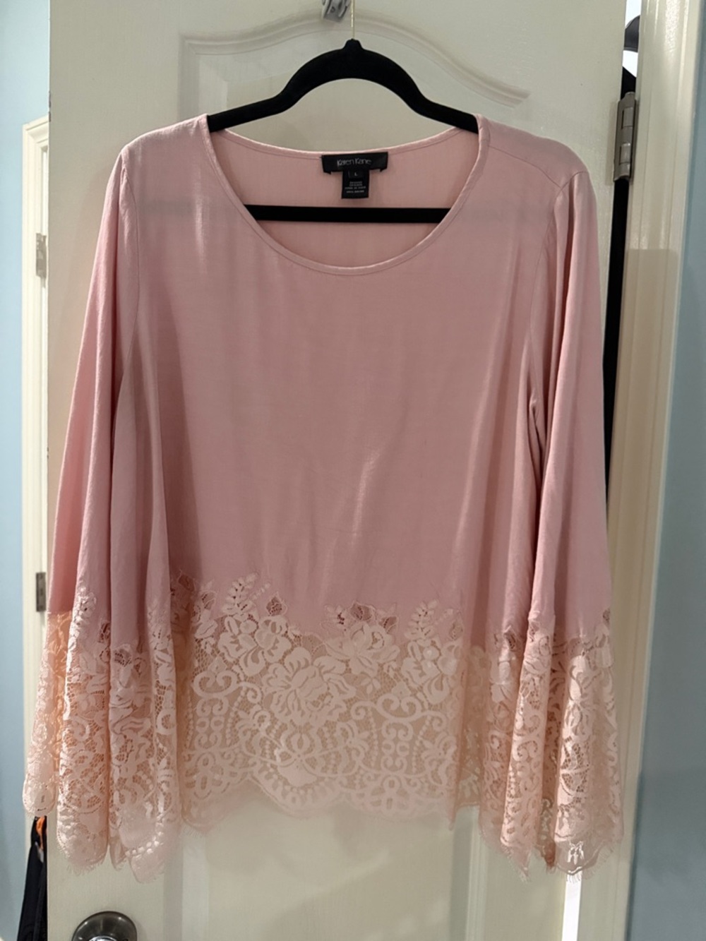 Karen Kane Blush Pink Lace-Hem Long Sleeve Blouse